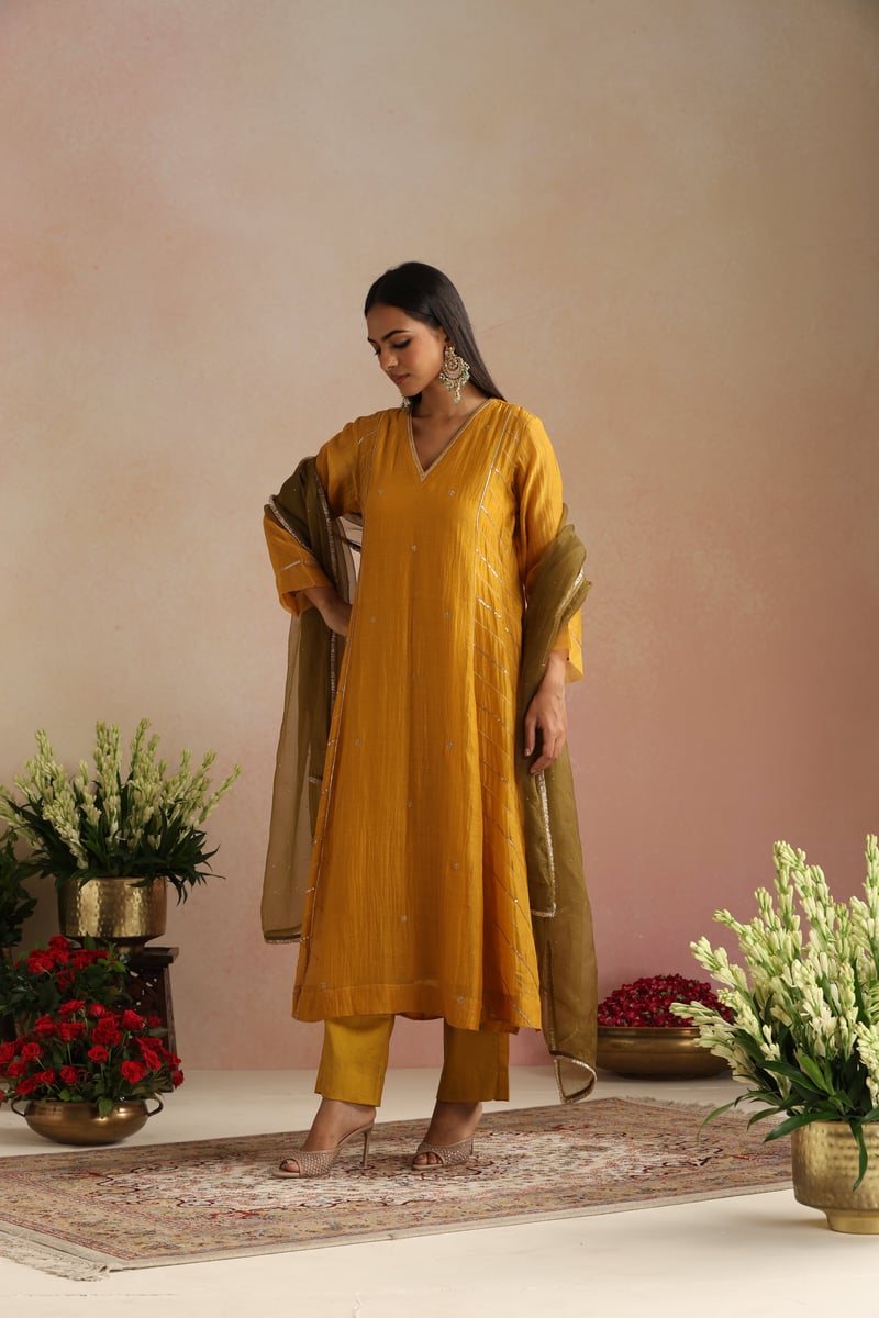 Mustard Yellow Silk Chanderi A-Line Kurta Set