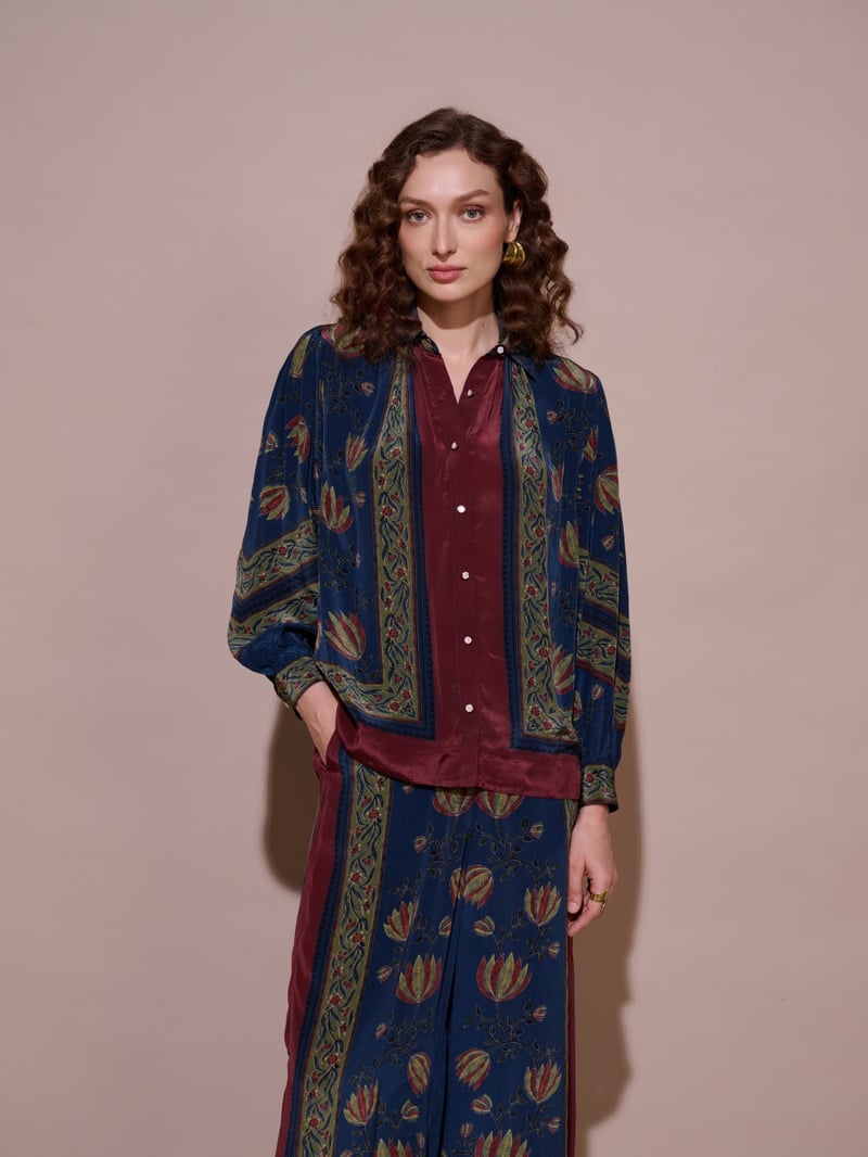 Blue Printed Mandarin Collar Button-Down Blouse