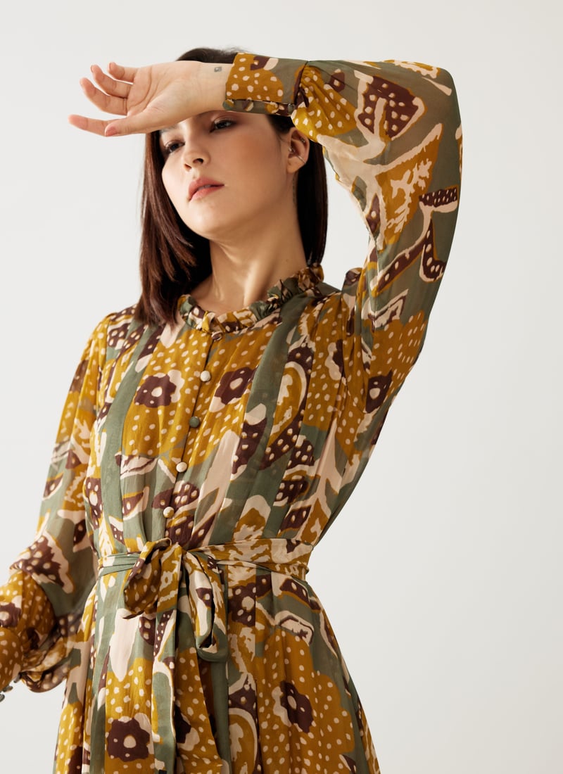 Olive And Mustard Floral Long Dress