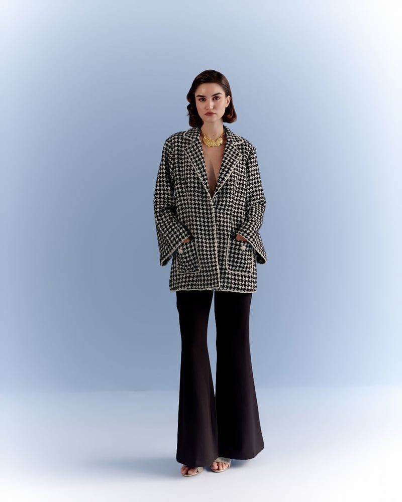 Black and White Tweed Jacket with Pearl Trim