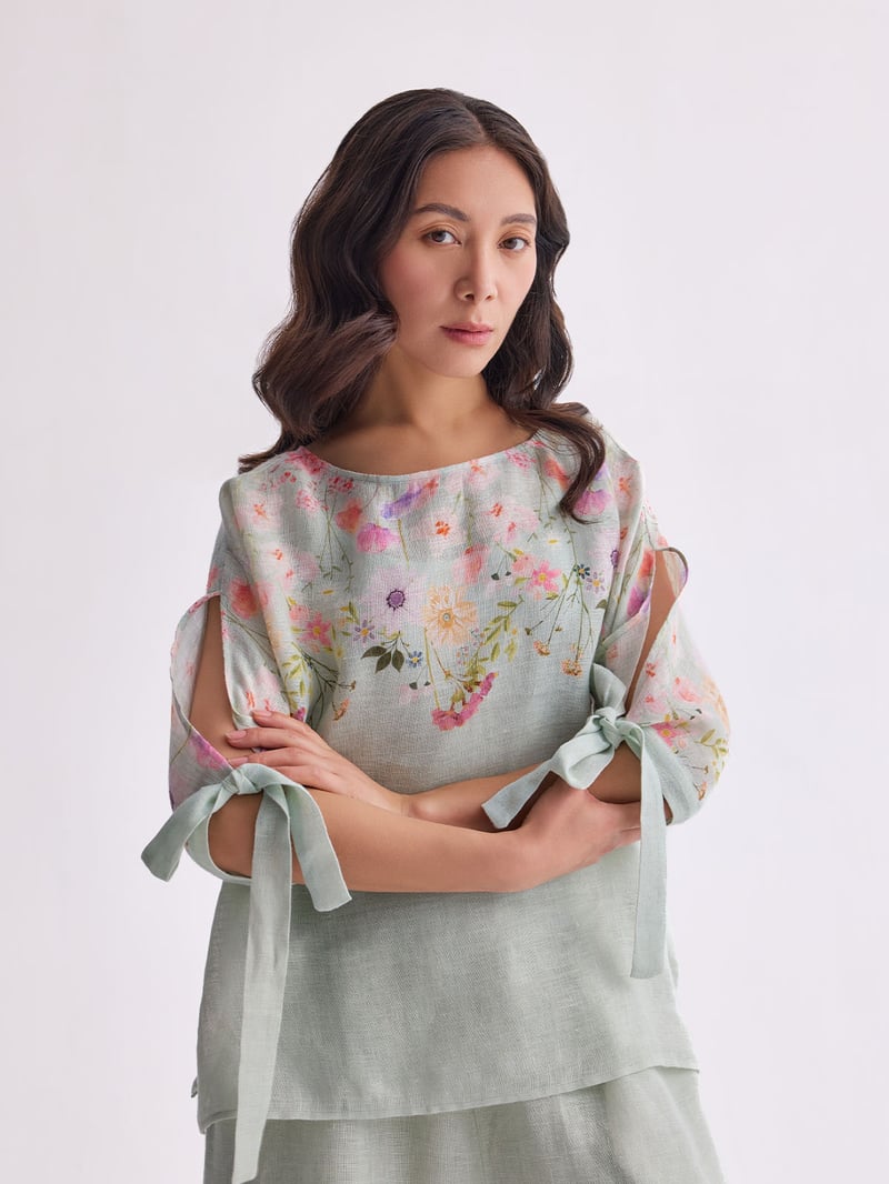 Aqua Bloom Gauze Linen Cape and Palazzo Co-ord Set