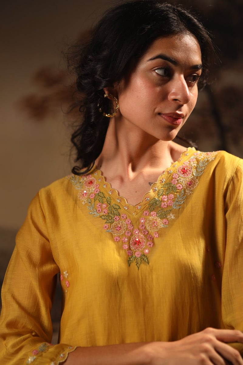 Mustard Handloom Chanderi Embroidered Kurta Set