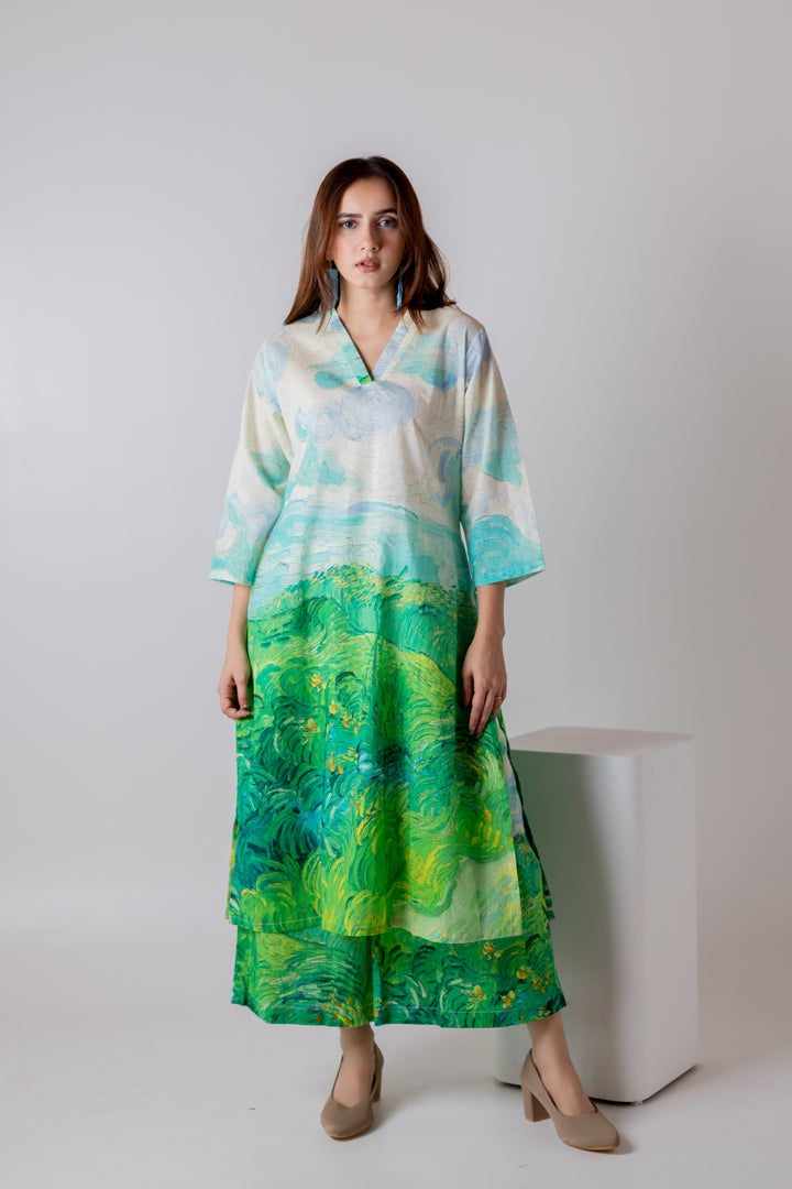 Multicolor Landscape Print Cambric Cotton Kurta Set