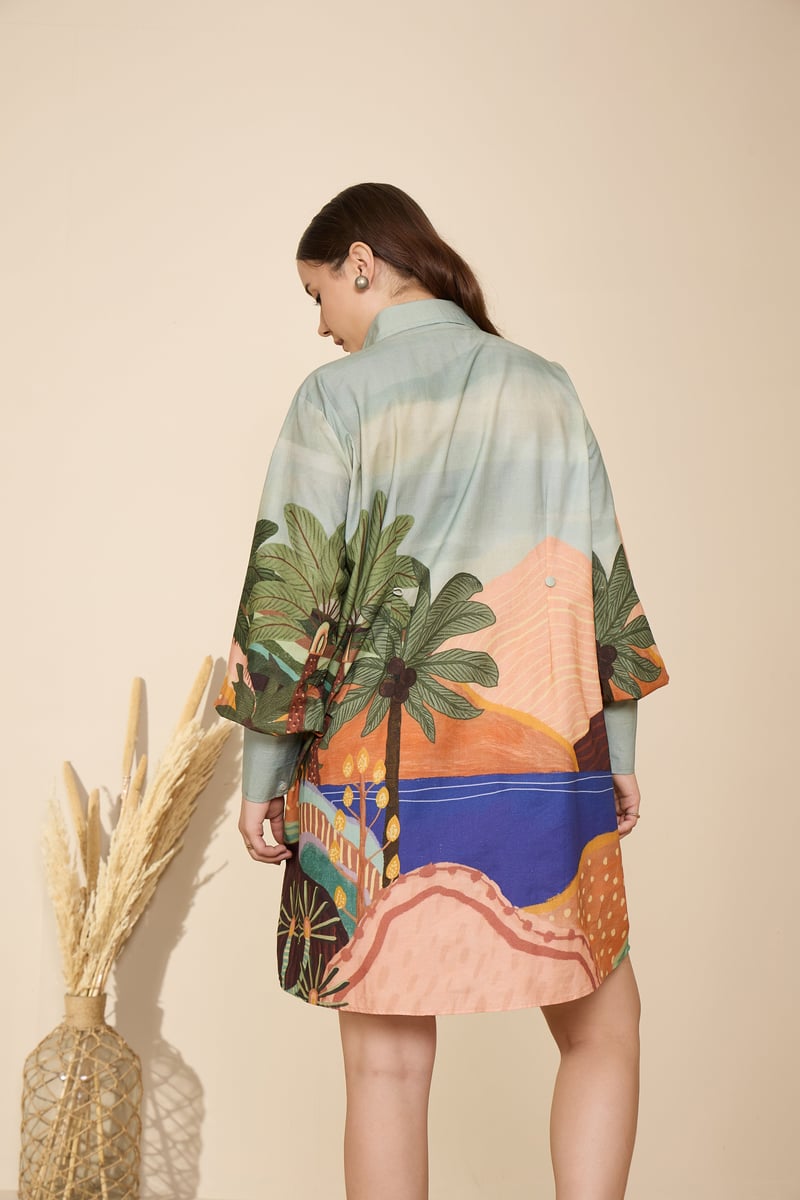 Printed Cotton Poplin Shirt Dress with Drawstring Waist