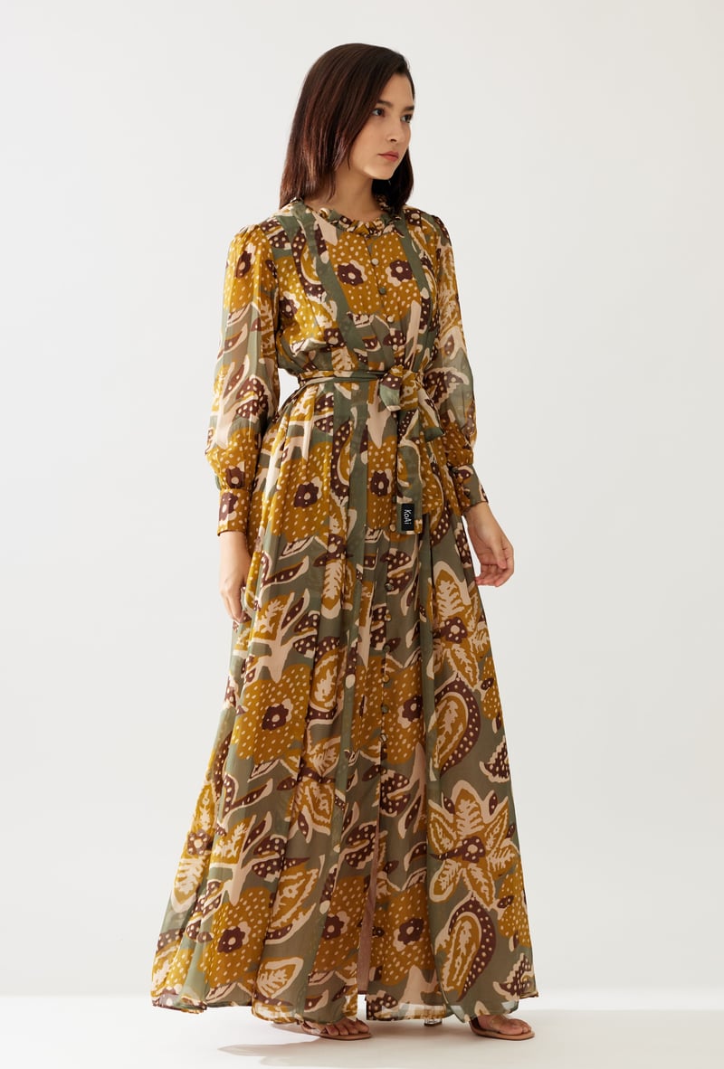 Olive And Mustard Floral Long Dress