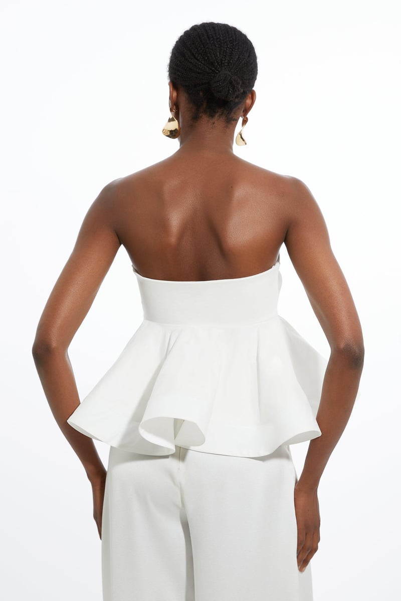White Bandeau Peplum Top with Ruffle Hem