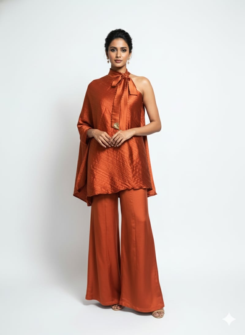 Purple One-Shoulder Cape Top and Wide-Leg Pant Co-ord Set