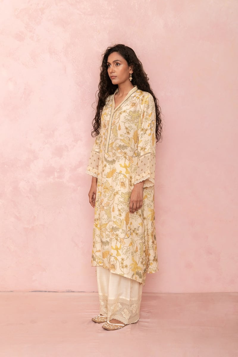 Soft Yellow Floral Kurta and Straight Pants Set
