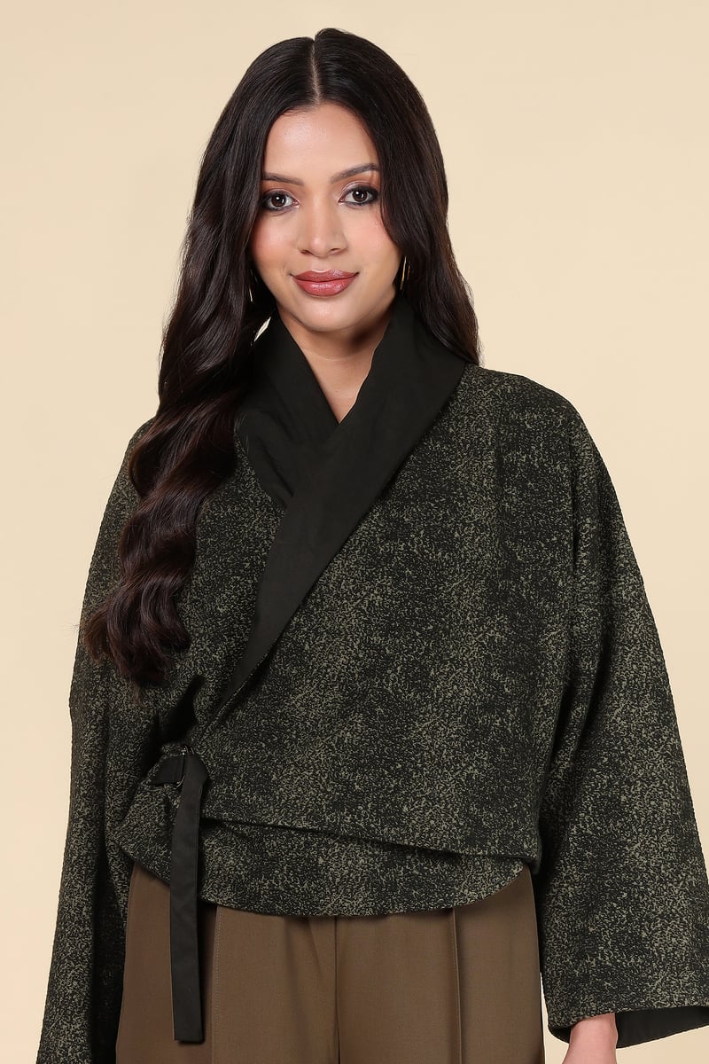 Black/Khakhi Cropped Wrap Jacket with Tie Belt