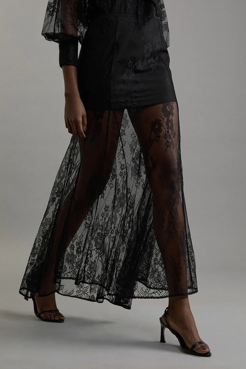 Black Lace Net Midi Skirt