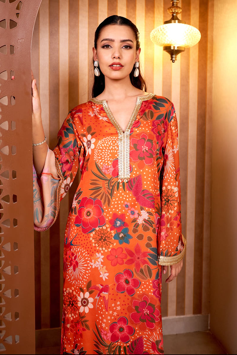 Orange Floral Printed Georgette Satin Long Kaftan
