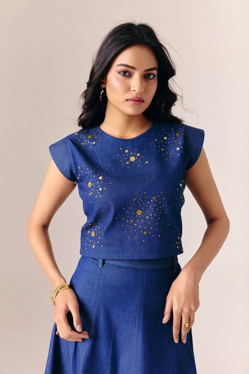 Denim Top and Flared Midi Skirt Co-ord Set