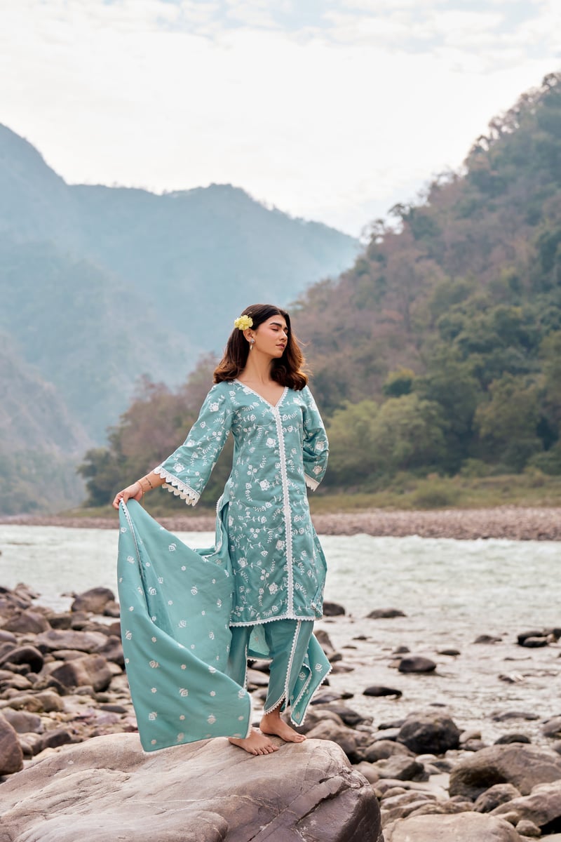Blue Cotton Embroidered Kurta Set with Dupatta
