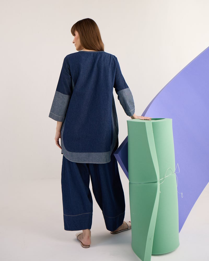 Blue Denim Colorblock Tunic and Farshi Pants Co-ord Set