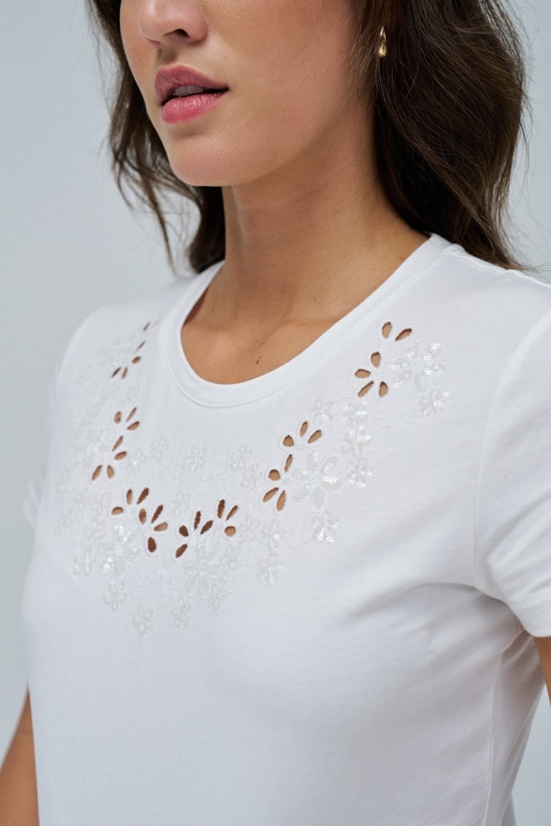 Pearl White Slim Fit Embroidered Round Neck T-Shirt