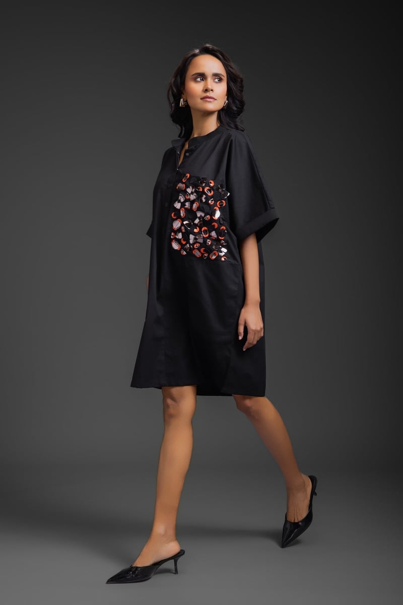Black Relaxed Fit Mini Dress with Embellished Pocket