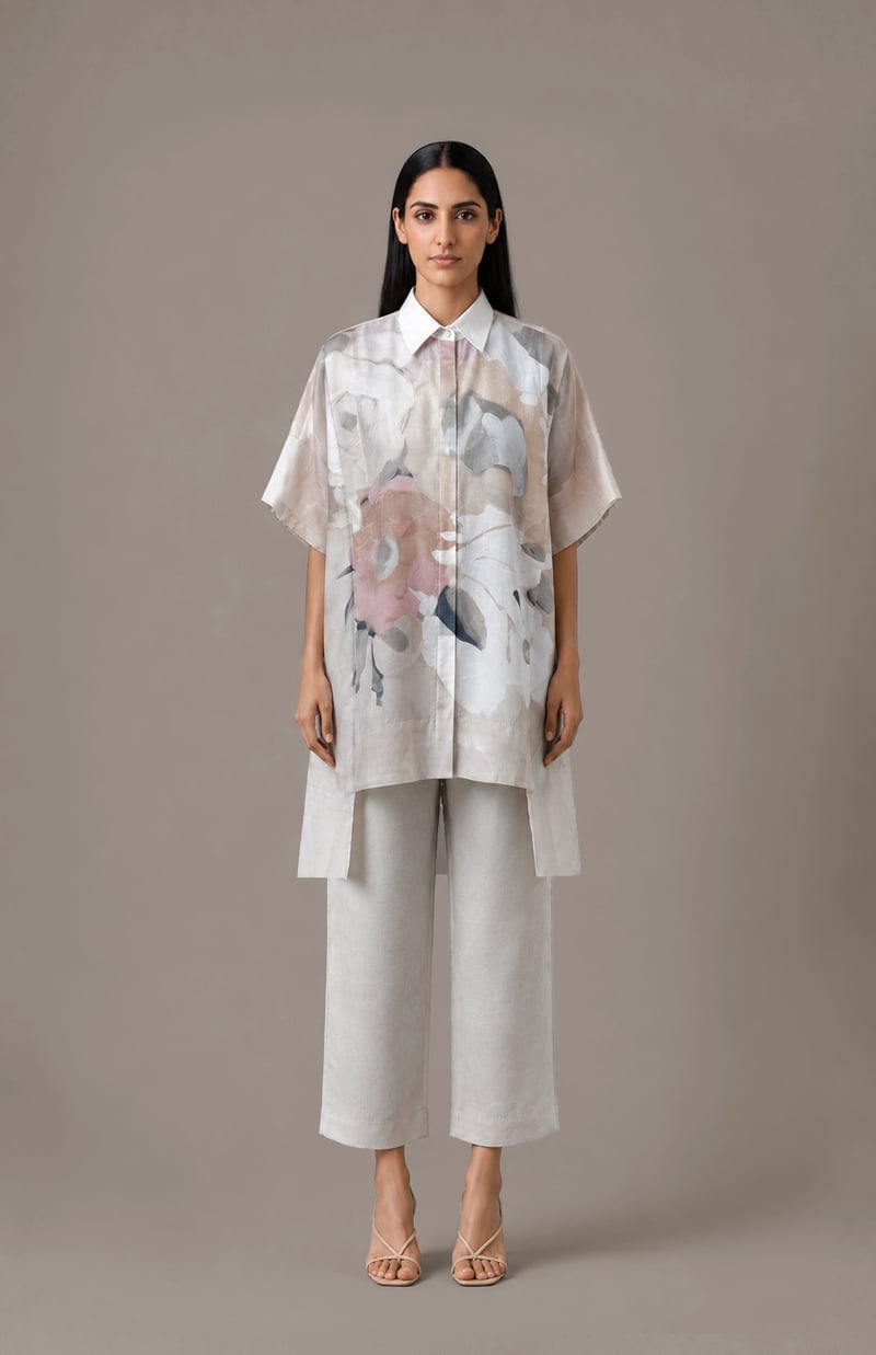 White/Beige Abstract Longline Shirt and Pant Co-ord Set — CLOS