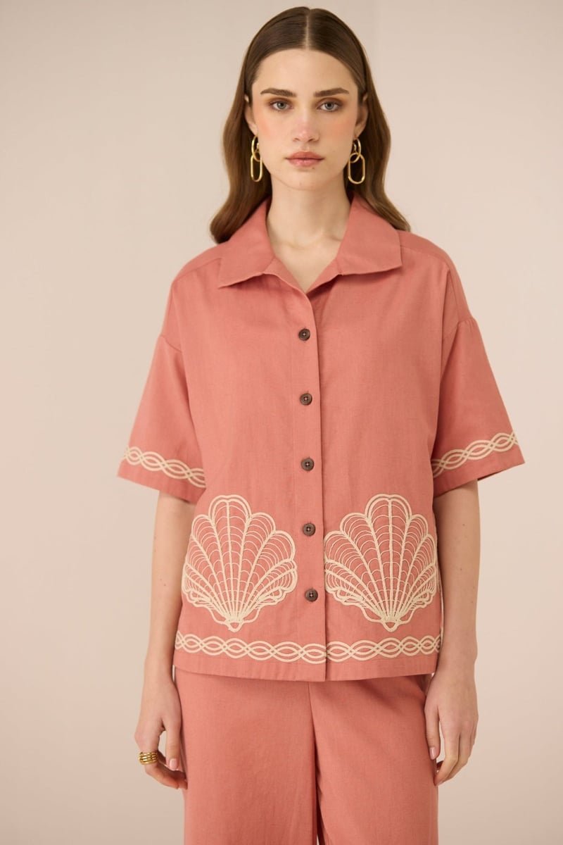 Coral Pink Cotton Linen Oversized Embroidered Shirt — Calling June