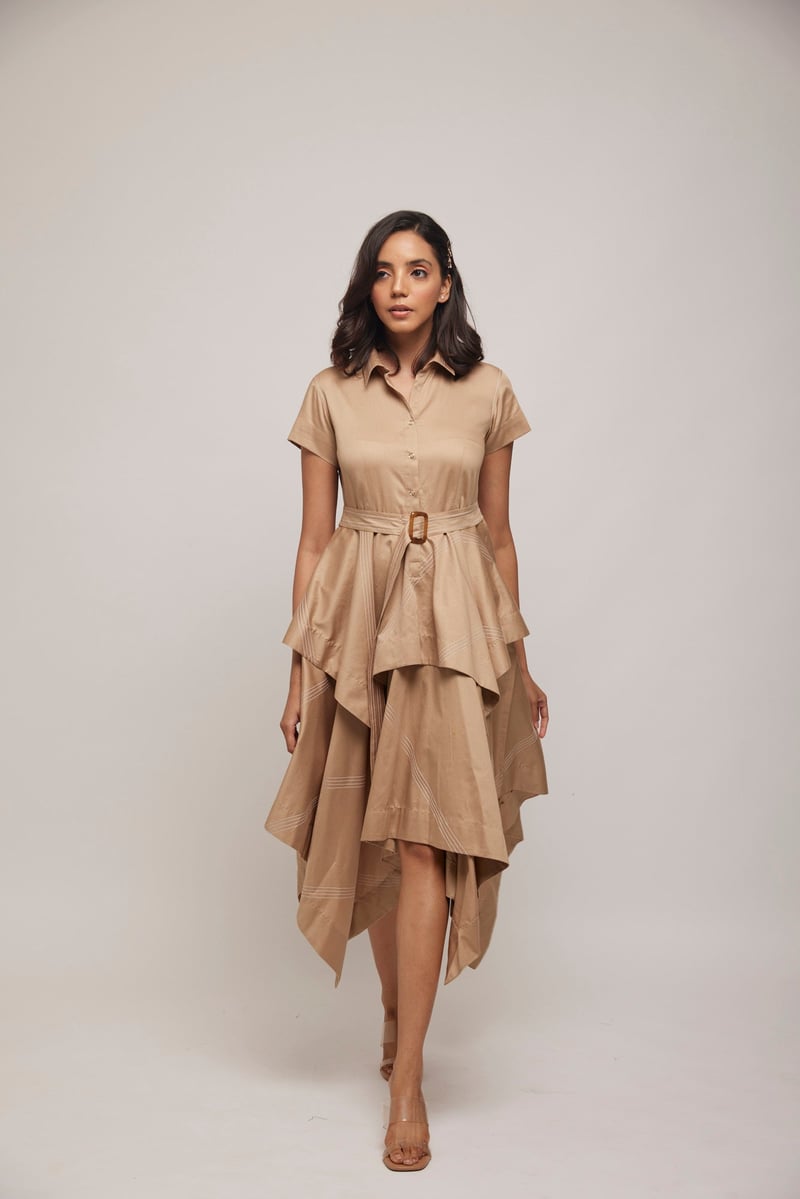 Beige-Gold Asymmetrical Layered Shirtdress with Belt