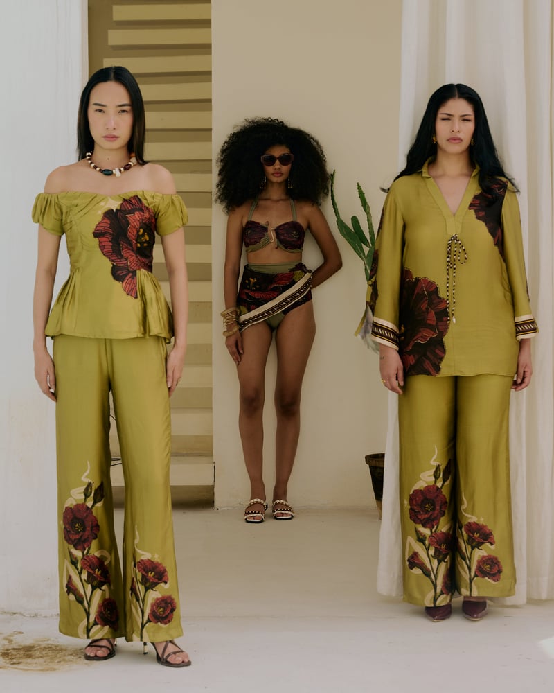 Sage Green High-Waist Wide-Leg Floral Print Pants