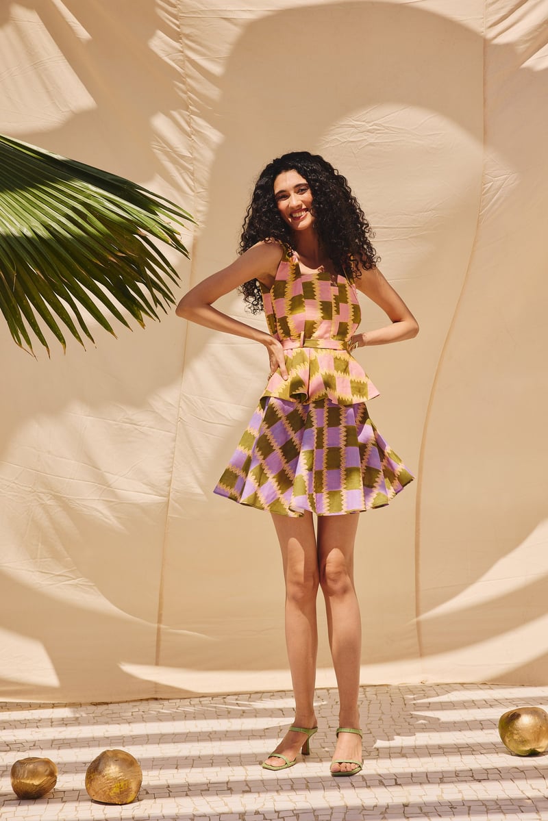 Multicolour Printed Square Neck Belted Peplum Top