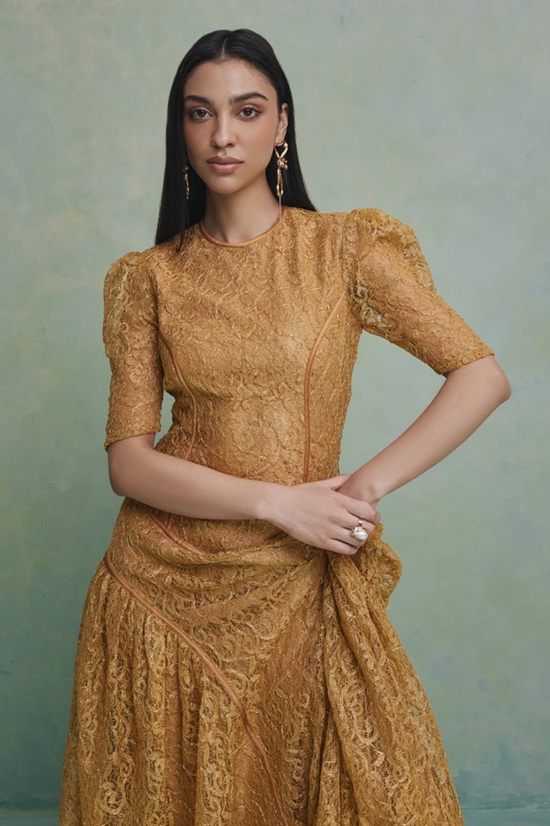 Yellow Chantilly Lace Basque-Waist Maxi Dress