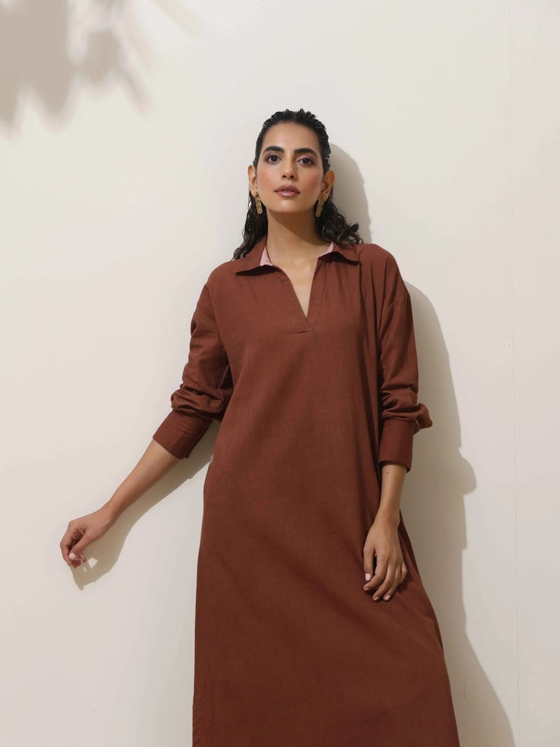 Brown Cotton Linen Straight Kurta Pant Set