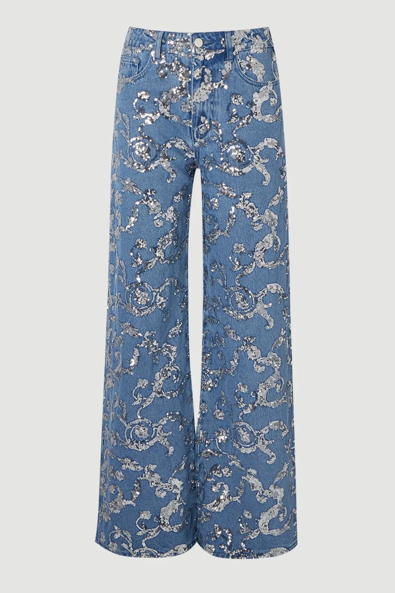 Mid Blue High-Rise Wide-Leg Sequin Jeans
