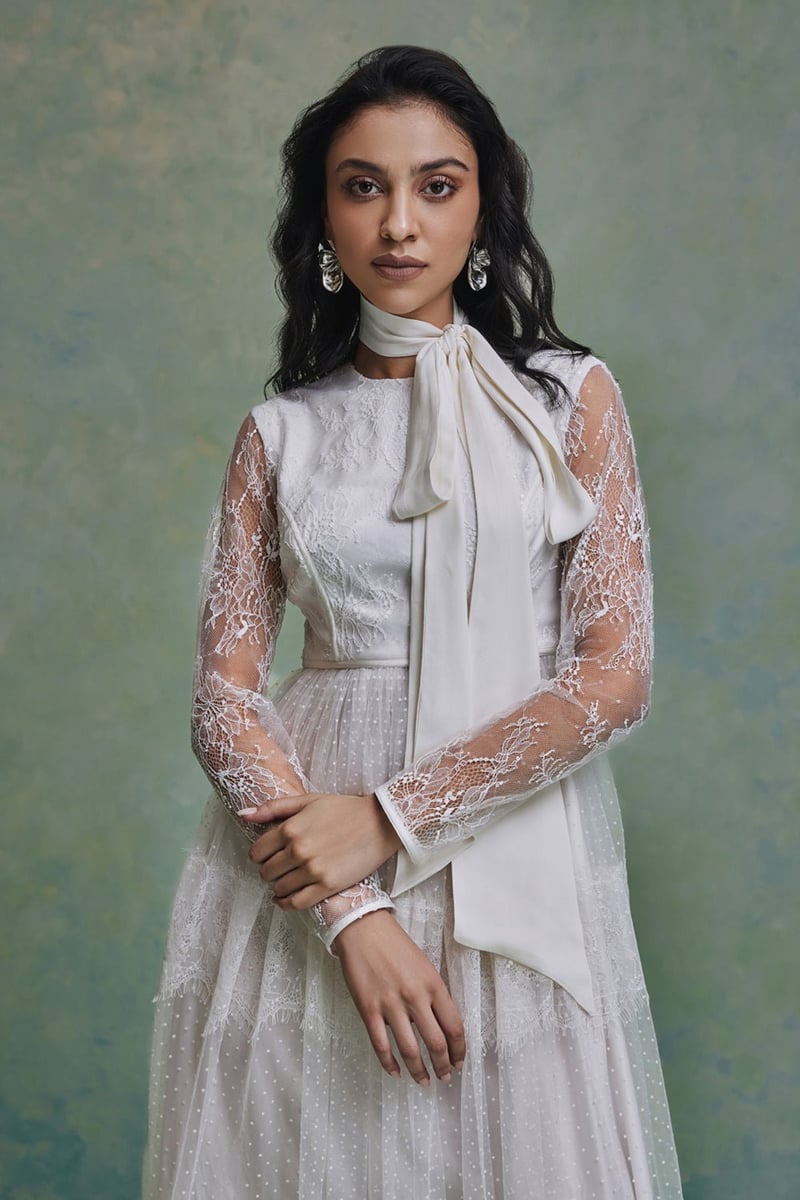 White Lace Sleeve Fit and Flare Midi Dress