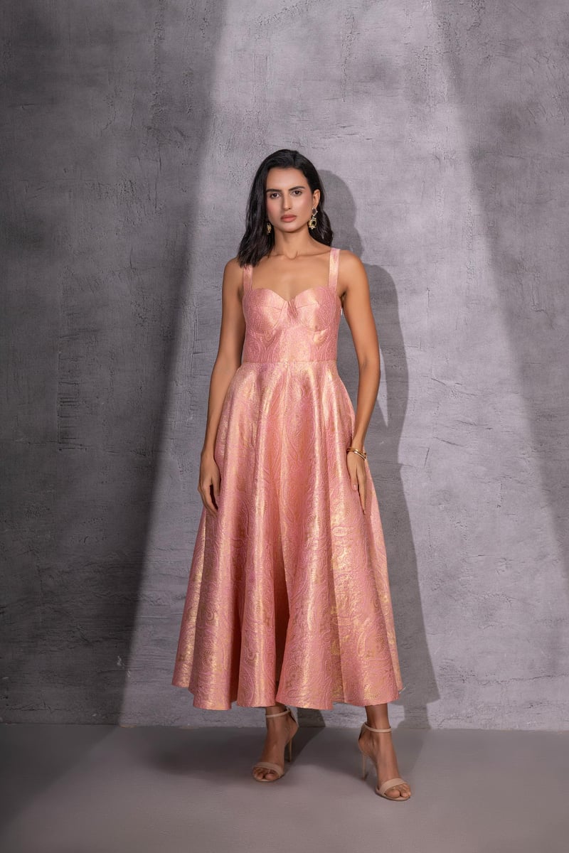 Pink Brocade Fit and Flare Midi Dress Set with Jacket