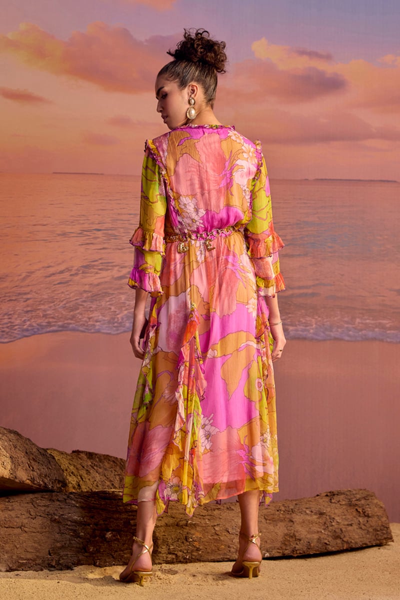 Yellow/Pink Printed Chiffon Tiered Midi Dress