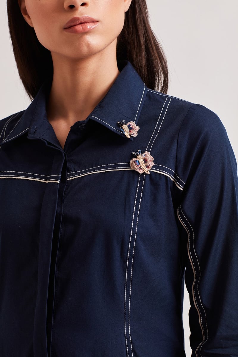 Navy Colorblocked A-Line Midi Shirt Dress