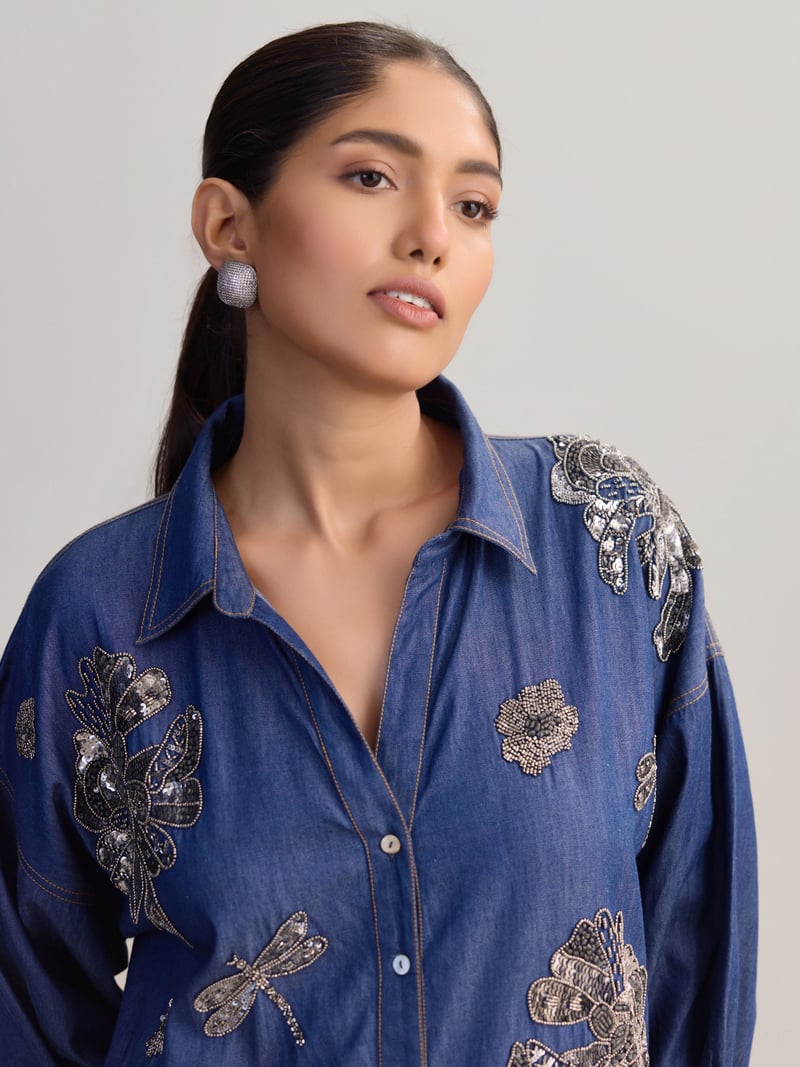 Blue Denim Embellished Tiered Midi Shirt Dress