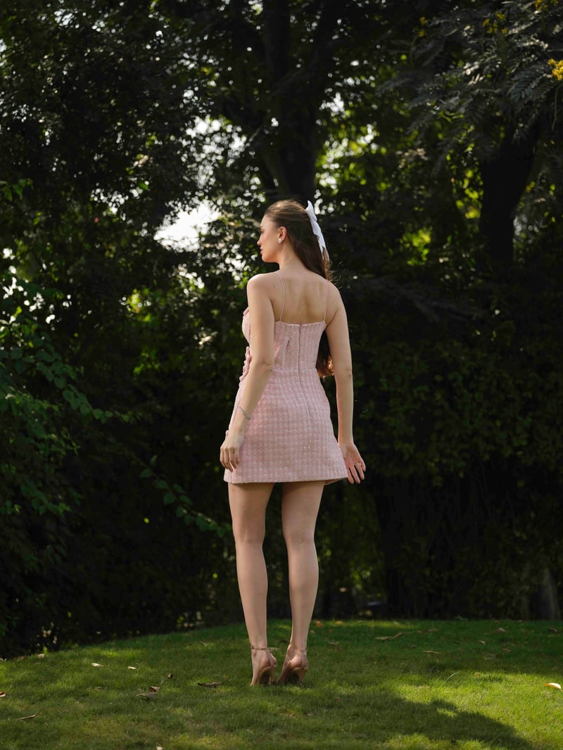 Pink Tweed Corset Mini Dress with 3D Floral Applique