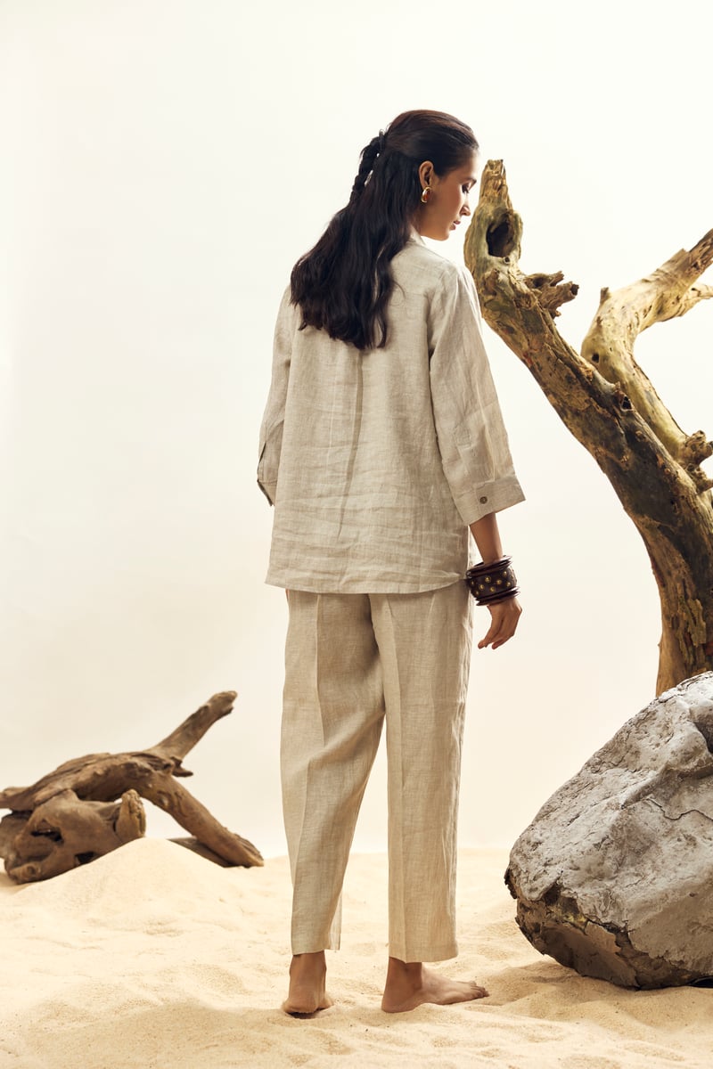Beige Linen Straight-Leg Trousers