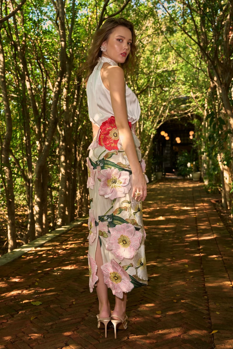 Ivory Satin Halter Top and 3D Floral Midi Skirt Co-ord Set