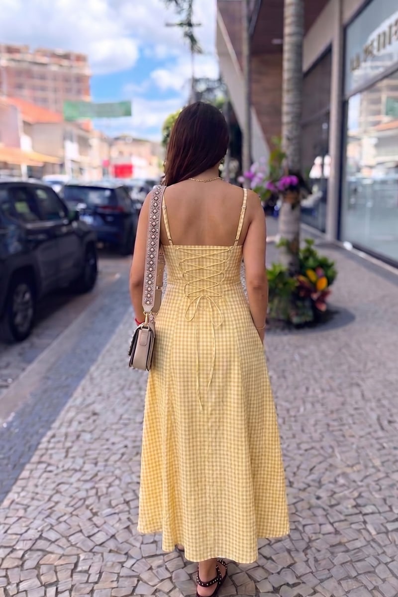 Yellow Gingham Fit and Flare Midi Dress