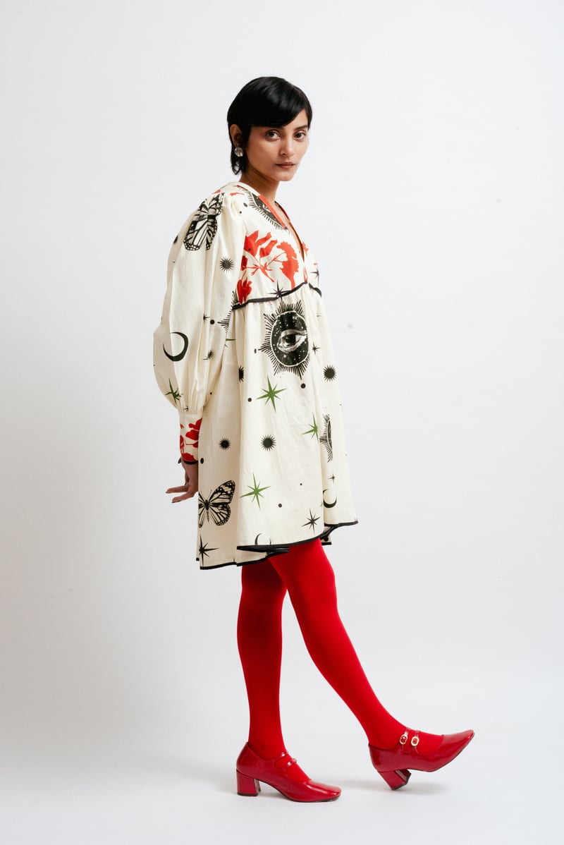 White/Red Celestial Print Smock Mini Dress
