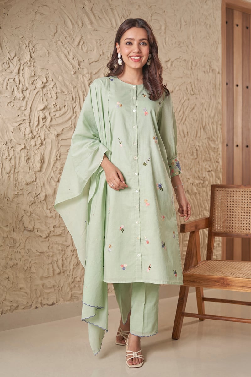 Mint Green Mul Mul Embroidered Kurta Set With Dupatta