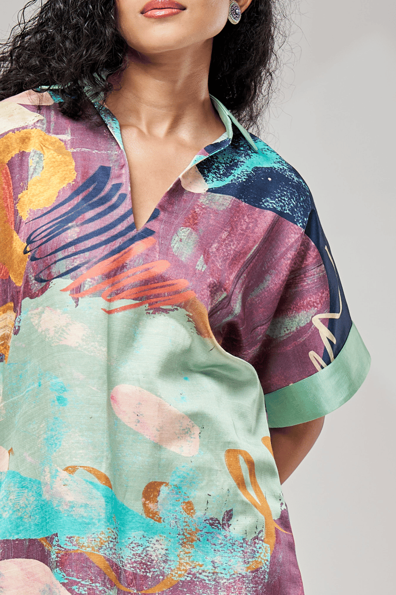 Multicolor Abstract Printed Satin Shift Mini Dress