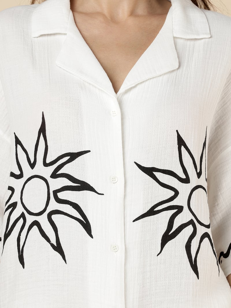 White Sun Motif Shirt and Wide-Leg Trouser Co-ord Set