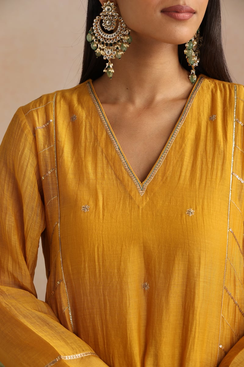 Mustard Yellow Silk Chanderi A-Line Kurta Set