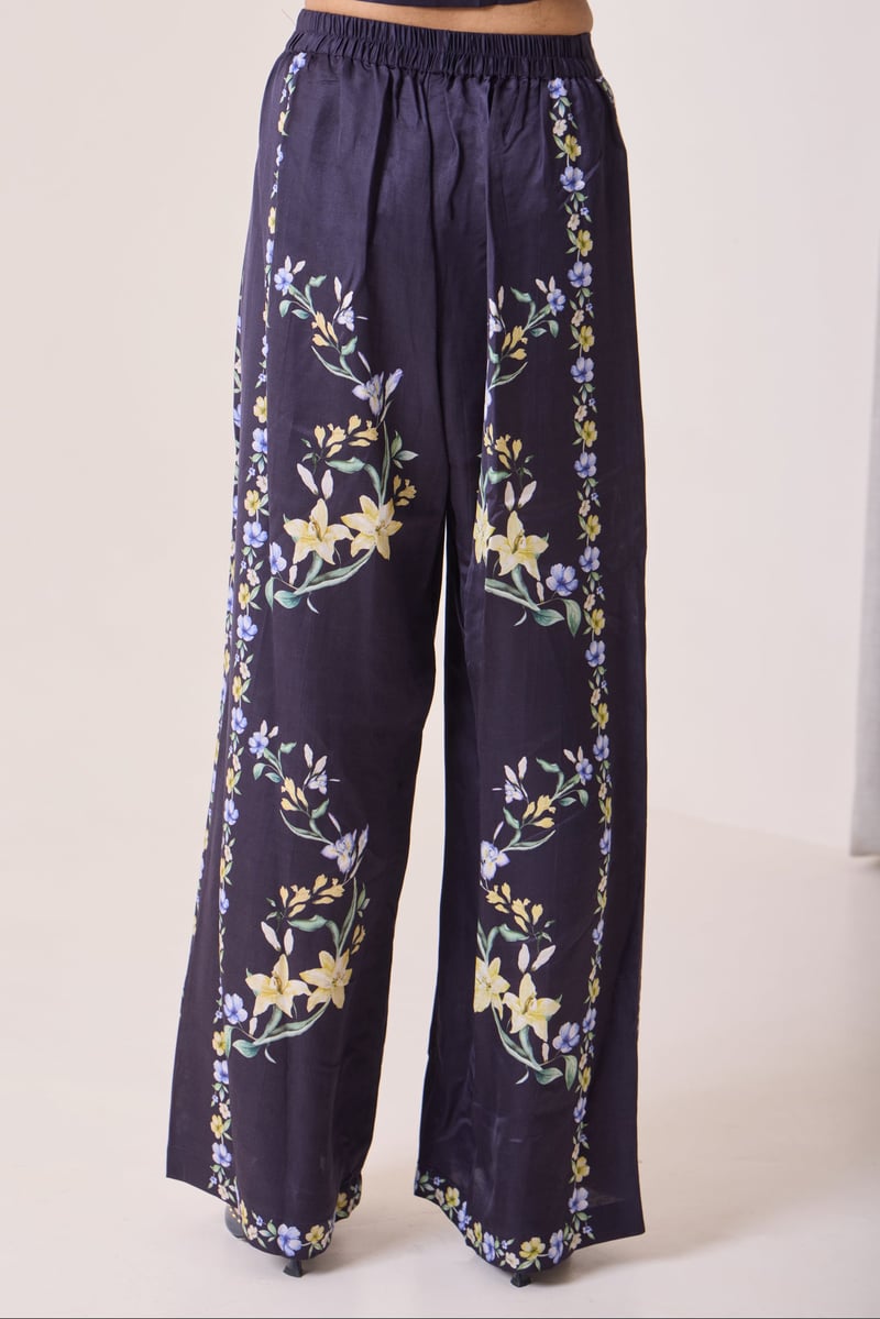 Navy Placement Floral Wide-Leg Trousers