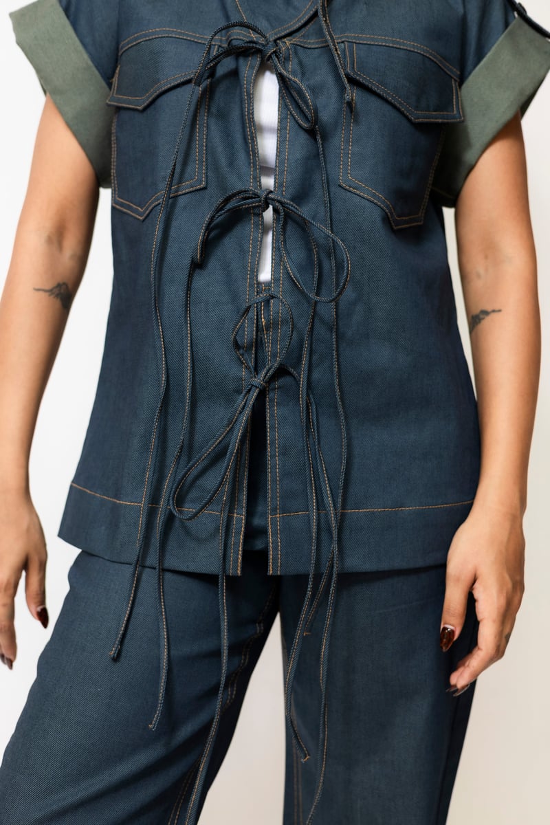 Dual-Tone Denim Utility Jacket with Lace-Up Front
