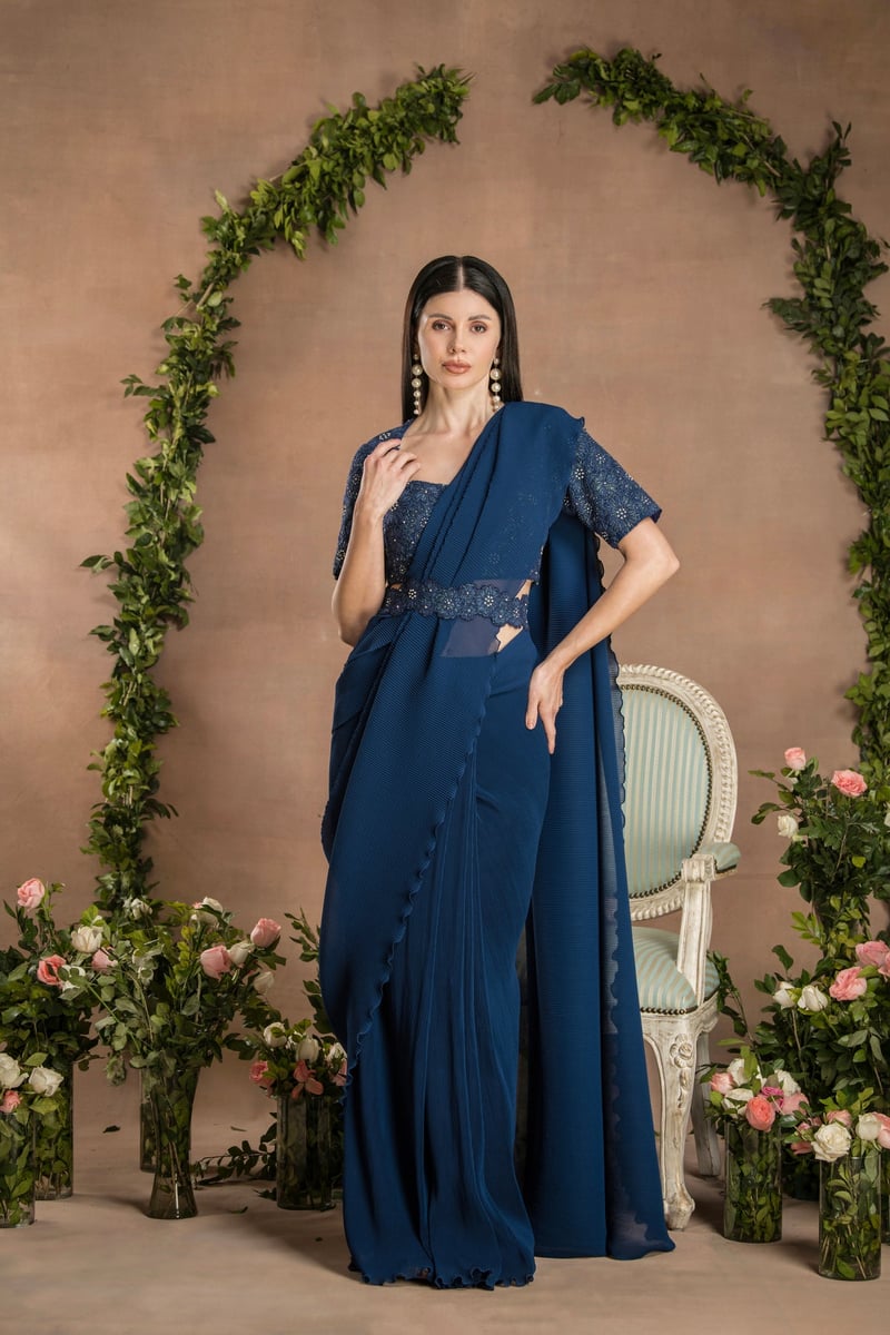Navy Blue Pre-Draped Pleated Georgette Saree Set — PREETI MEHTA