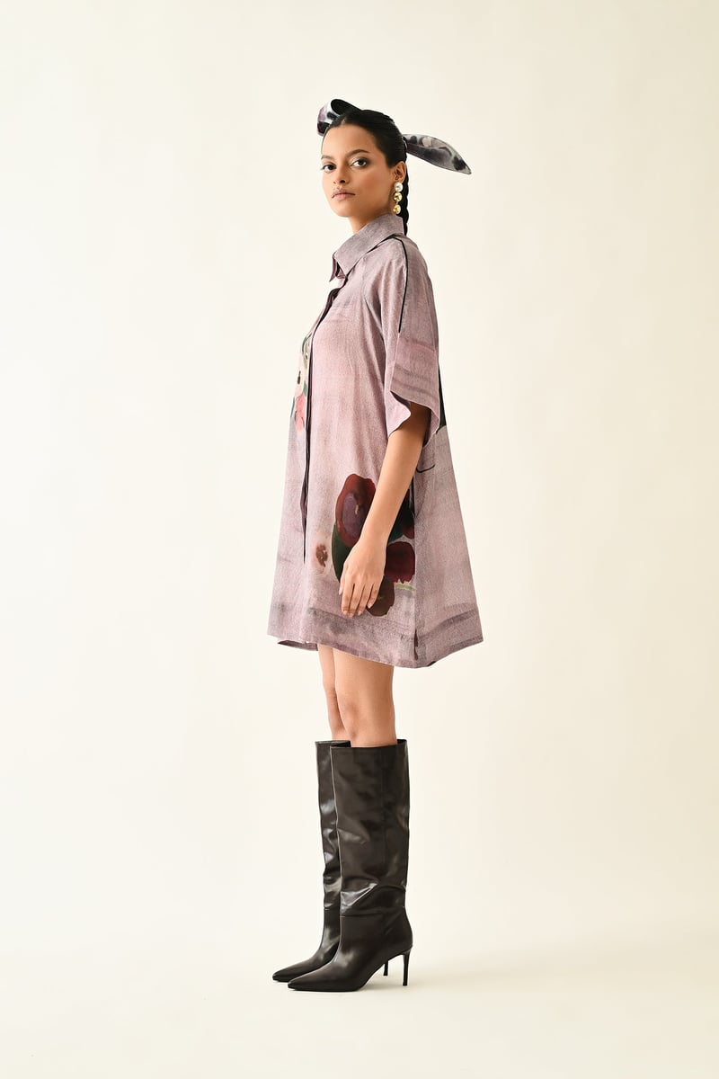 Lilac Abstract Print Mini Shirt Dress