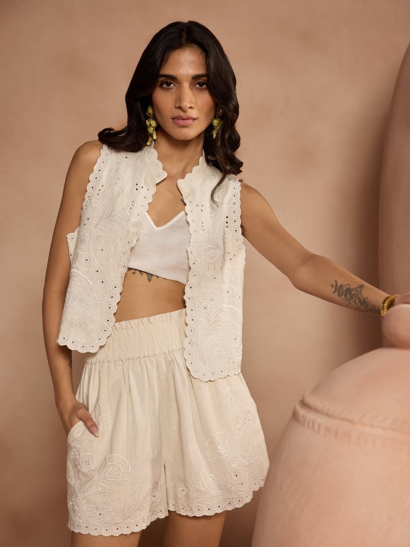 White Cotton Embroidered Cutwork High-Rise Shorts