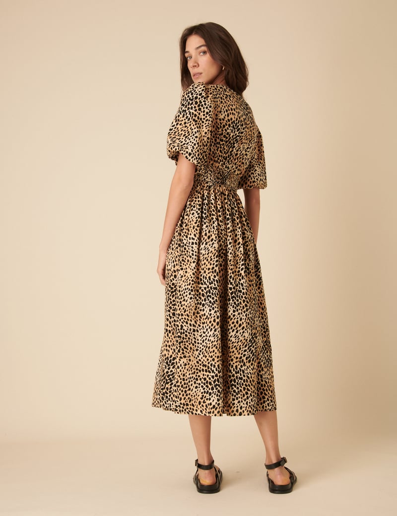 Brown Leopard Print V-Neck Puff Sleeve Midi Dress