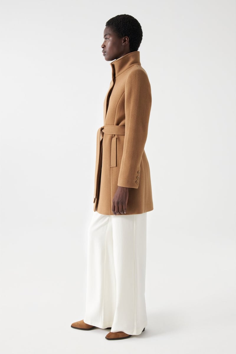Dark Beige Wool-Blend Belted High-Neck Coat