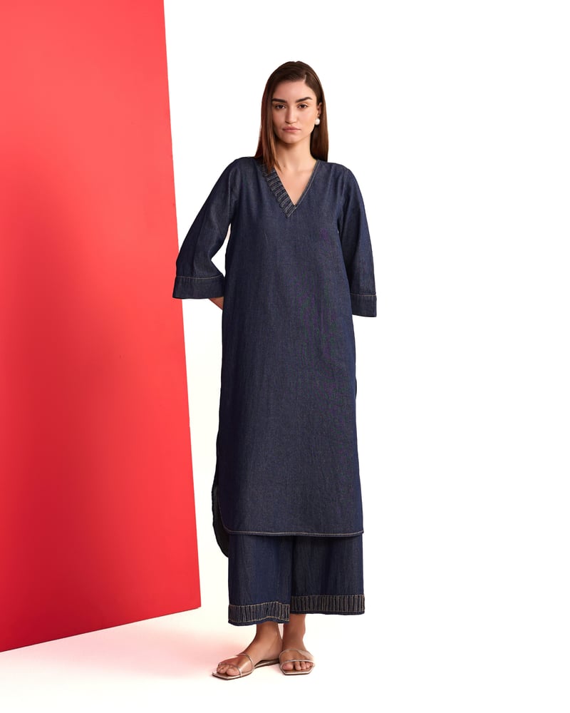 Denim Blue V-Neck Straight Kurta and Pant Set